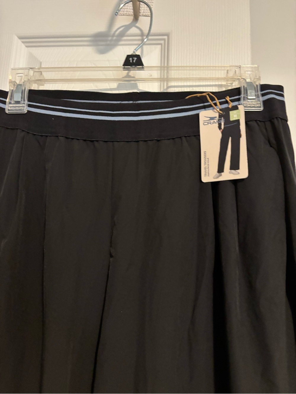 Black travel trousers, Elastic Waistband with blue strips